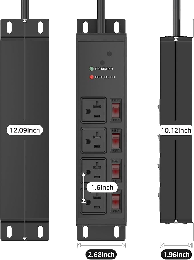 CCCEI Heavy Duty Surge Protector Power Strip 20 Amp Individual Switches. 6FT 12 Gauge Extension Cord with Multiple Outlets. Kitchen, Garage, Shop, Industrial Wall Mount Electric Extender, Black.