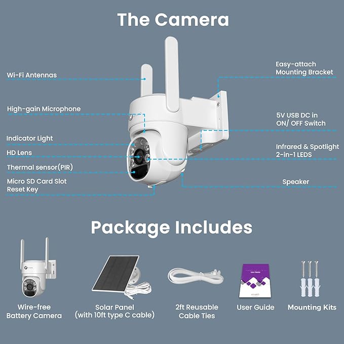 xmartO QHD Wire-Free Solar Security Camera Outdoor/Indoor Wireless, 5G Dual Band WiFi6, Pan Tilt Zoom, Long-Lasting Solar Battery Home Camera