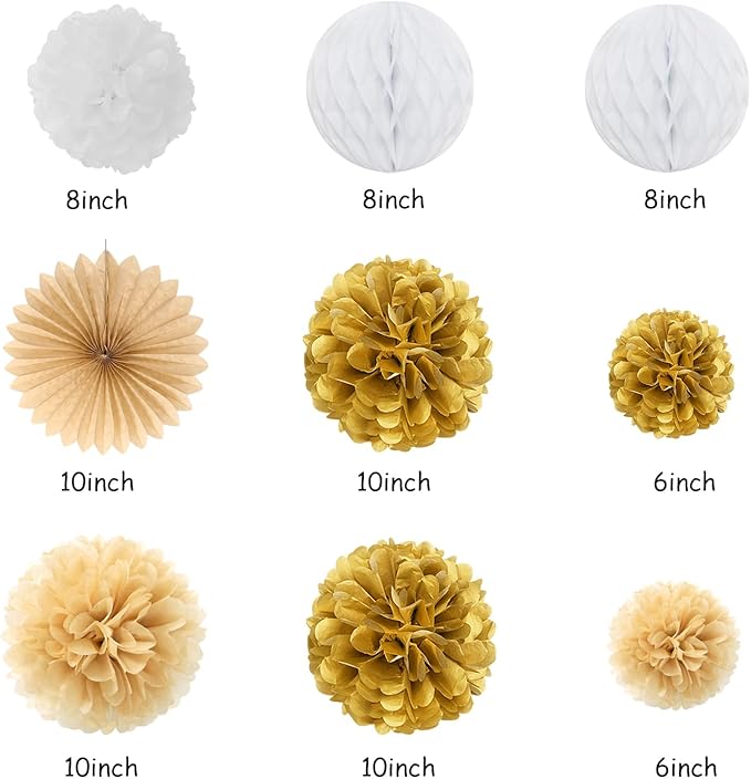 White-Gold Champagne Birthday Party-Decorations Paper-Flowers - 14pcs Happy Banner Engagement Honeycomb Tissue Pom Poms,Women Streamers Garland Beige Fans,21st 18th Girl Hanging Supplies Decor Hugfond