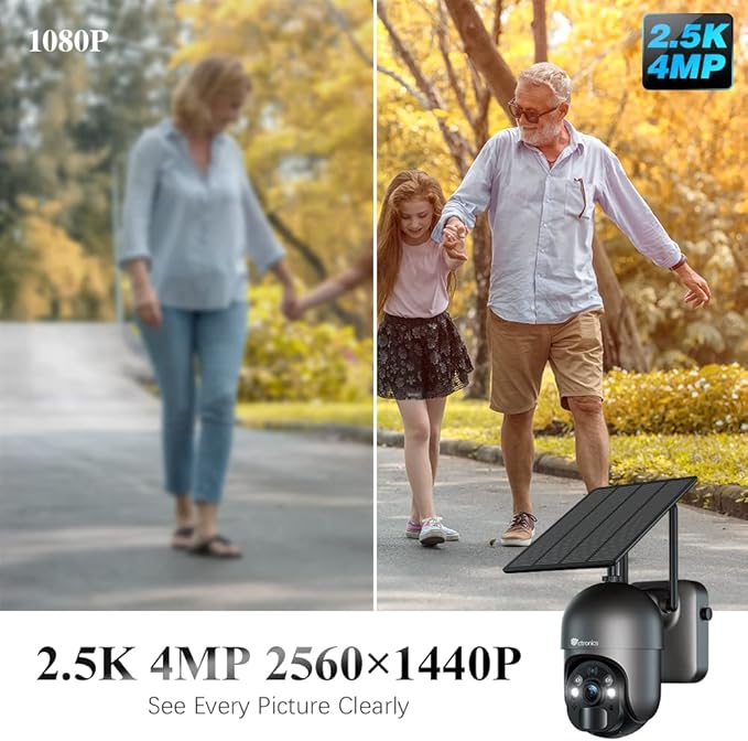 Ctronics 2.5K 4MP Security Camera Wireless Outdoor, WiFi Solar Security Camera Battery Powered, 360° PTZ, Color Night Vision 2560 * 1440P, PIR Human Detection, 2-Way Audio, IP66