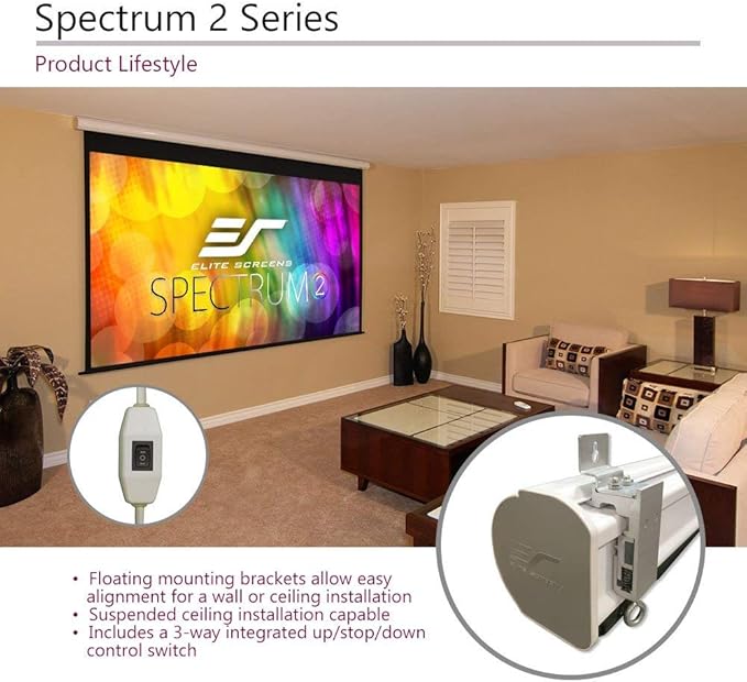Elite Screens Spectrum2, 91-inch 16:9, 12-inch Drop, Electric Motorized Drop Down Projection Projector Screen, SPM91H-E12