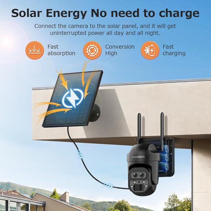 INQMEGA [ 12X Zoom ] 6MP Security Solar Cameras Outdoor, 2.4G WiFi Wireless Camera with PIR Motion Detection, Daul Lens, Color Night Vision, Spotlight Siren, No Subscription Required