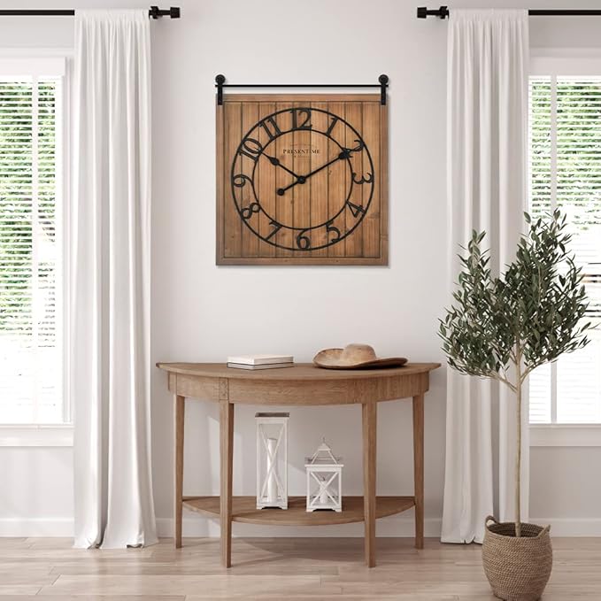 Presentime & Co Farmhouse Barn Door Clock, Shiplap Style, Brown Wood Color, Silent No Ticking, 3D Arabic Numeral, 23" H x 21" W. Home Decoration/Wall Decoration/Farmhouse Décor