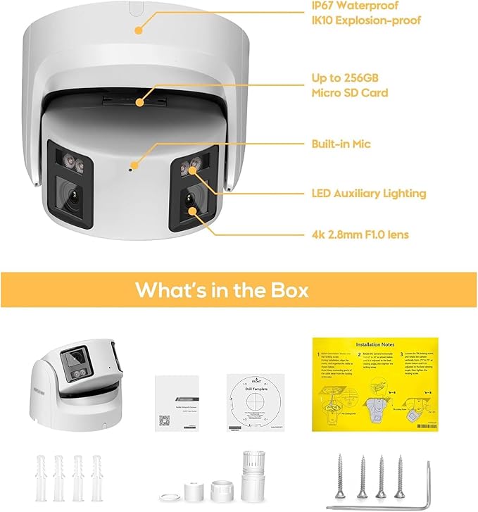 DS-2CD2387G2P-LSU/SL 4MM 8MP 4K Panoramic PoE IP Camera, Color-Vu,Human/Vehicle Detection, with Dual Lens, 180° Filed of View,Colorful Night vision, SD Card Slot support 512GB International Version