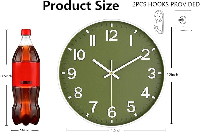 Wall Clocks Battery Operated, 12 Inch Non Ticking Wall Clock, Silent Analog Clock for Bedroom Living Room Kitchen Office Gym Classroom Decor, Large Number Clocks for Seniors, Olive Green