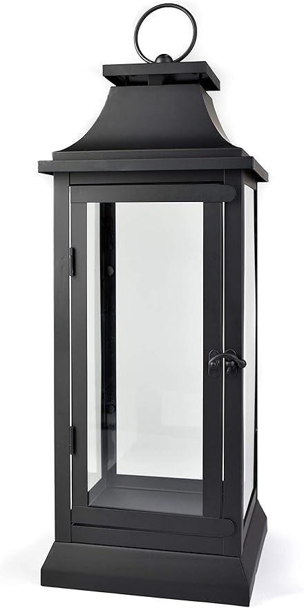 Serene Spaces Living Black Metal Hurricane Lantern with Clear Glass Panels – Hanging or Tabletop Decorative Lantern for Indoor & Outdoor – Weddings, Parties, Home Decor, 20" Tall & 7.75" Square