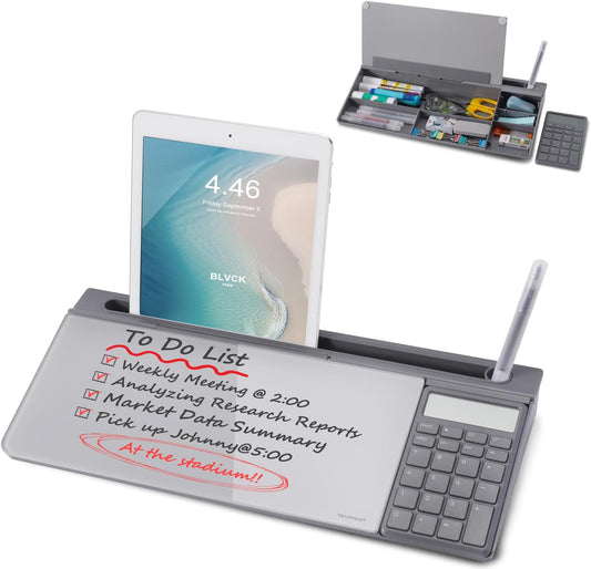 Small Glass Desktop Whiteboard Dry-Erase-Board - Computer Keyboard Stand with Calculator White Board Surface Pad with Drawer, Desk Organizers with Accessories for Office, Home, School Supplies