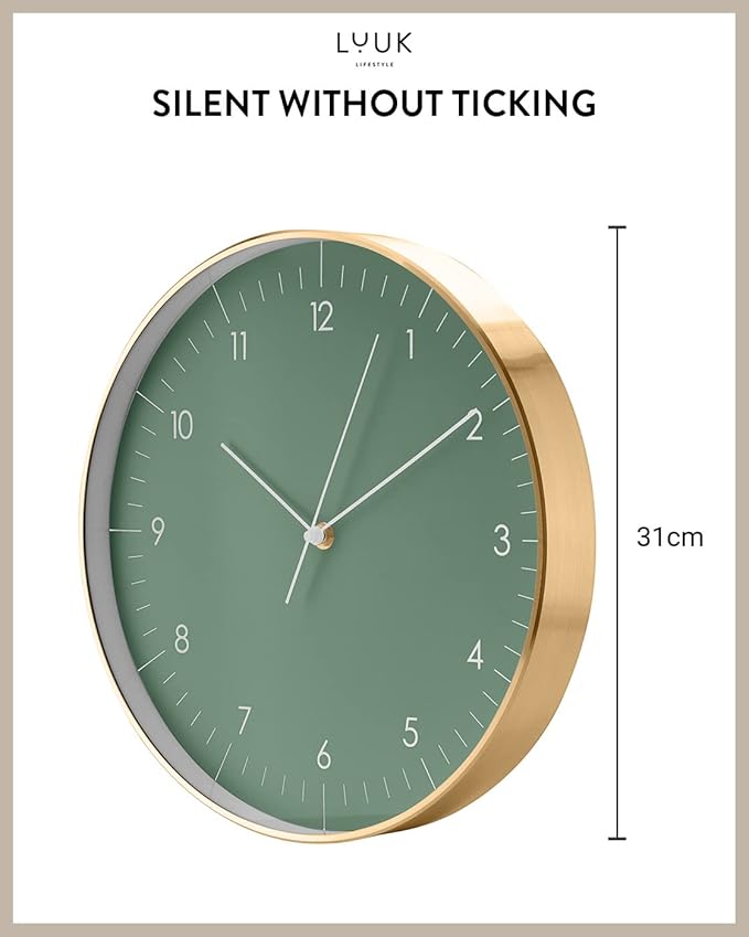 LUUK LIFESTYLE Silent Wall Clock with Quartz Movement, Modern and Minimalist Design, Deco for Kitchen, Living Room, Gift idea, Dark Green and Gold