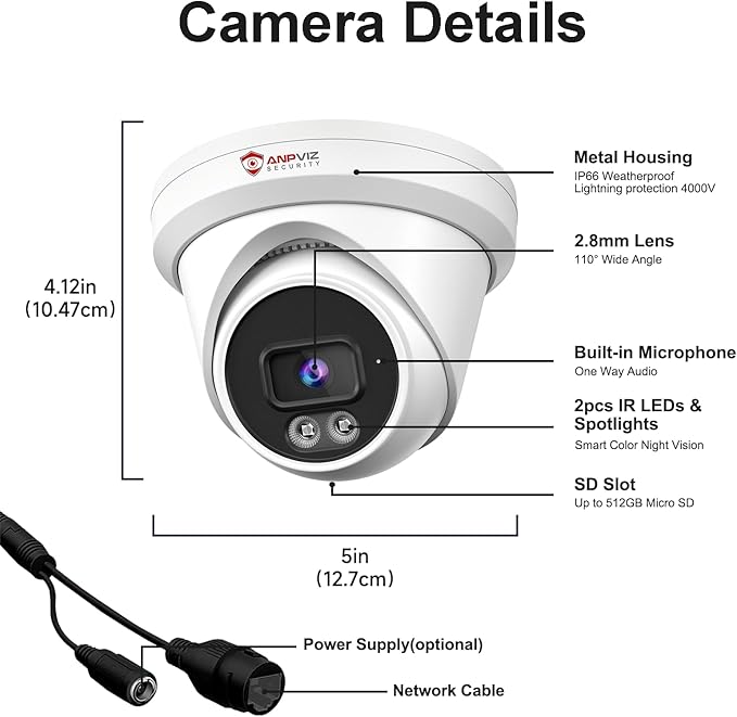 Anpviz 5MP PoE IP Turret Camera,Smart Color Night Vision 100ft, 512GB SD Slot,Human & Vehicle Detection,Built-in Mic,Security IP Camera Outdoor Indoor for Business, IP66, NDAA Compliant (U Series)