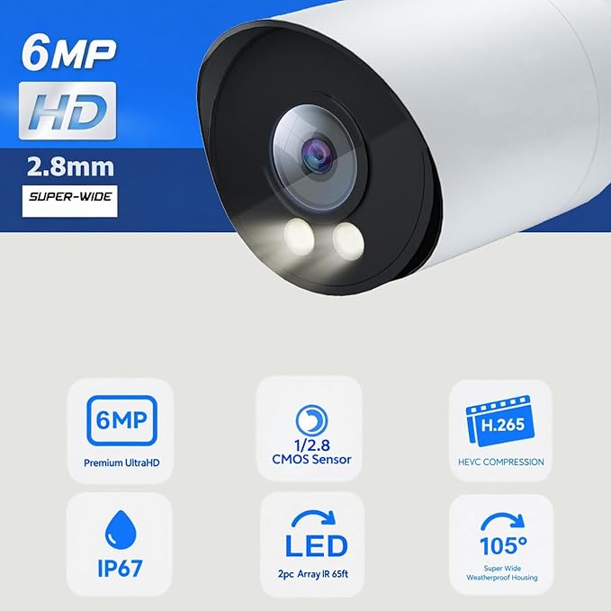 Real HD 6MP Add-On Full Color Night Vision Bullet POE IP Camera for IP NVR Systems, with Visiable White Lights, 105° Viewing Angle, Outdoor, Compatible with Ⲏіk NVR, NDAA Compliant