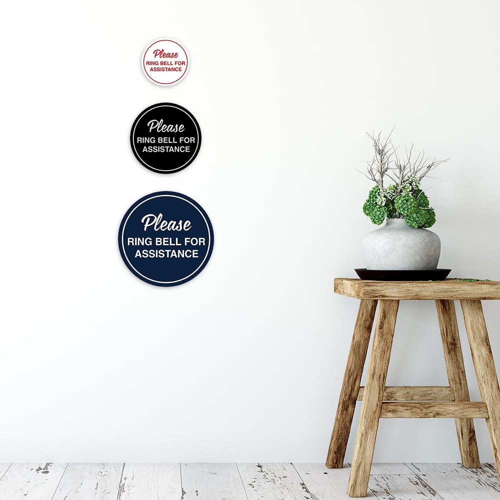 Signs ByLITA Circle Please Ring Bell For Assistance Wall or Door Sign | Easy Installation | Front Desk Reception Sign (Navy Blue/White) - X-large (5 Pack)
