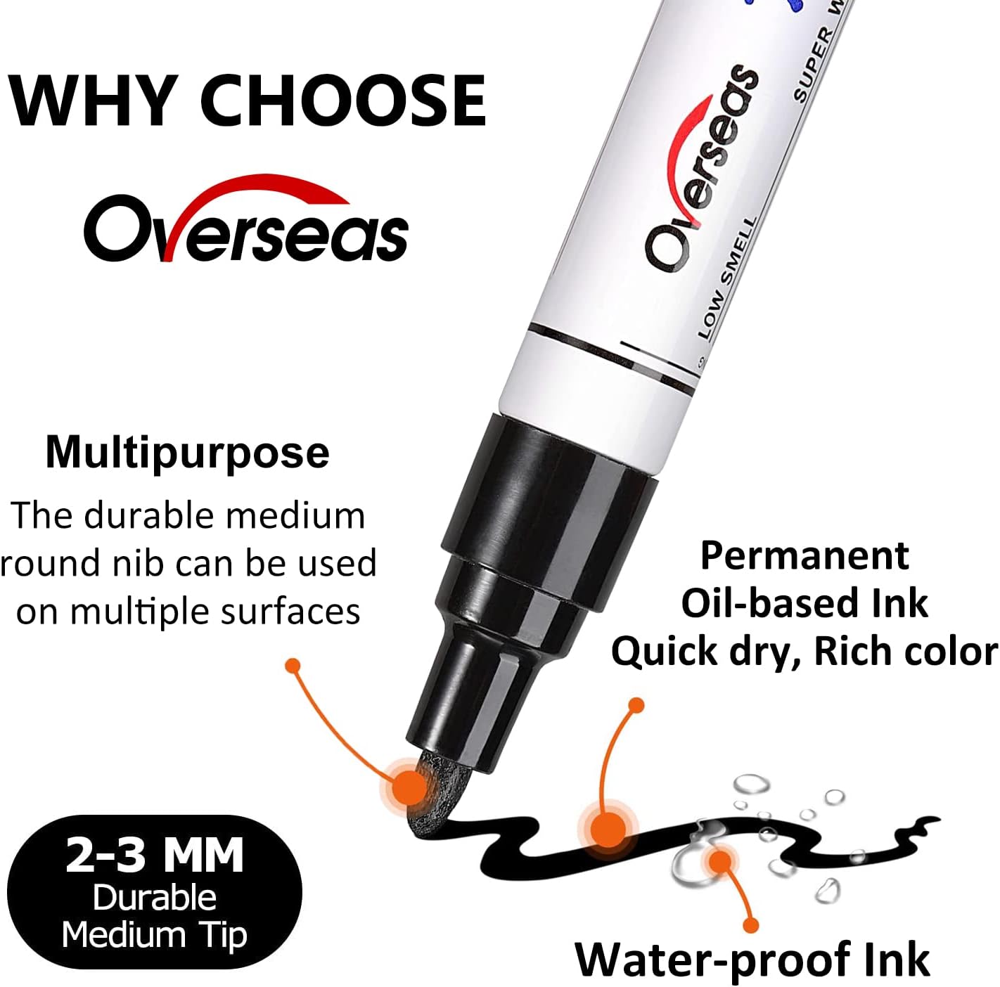 Overseas Permanent Paint Markers Pens - 3 Pack White Oil Based Paint Pens, Medium Tip, Quick Drying and Waterproof Marker Pen for Metal, Rock, Wood, Fabric, Plastic, Canvas, Mugs, Stone, Glass