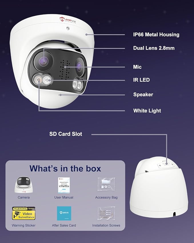 Anpviz 4K 8MP Dual Lens PoE IP Camera Outdoor, 180° Panoramic Security IP Camera, Smart Dual Light Color Night Vision, Human/Vehicle Detection, Two Way Audio, 512GB SD Slot, Full Metal IP66, NDAA