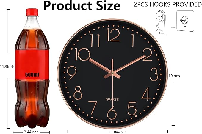 Wall Clock, Silent Wall Clocks Battery Operated 10 Inch- Modern Non Ticking Analog Clock with Large Numerals Tempered Glass Clocks for Bedroom, Living Room, Kitchen, Office Decor, Black