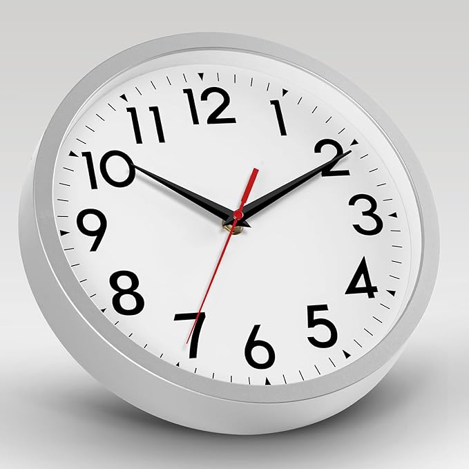 Wall Clock Small Analog 8 Inch Silent Non Ticking Battery Operated Modern Simple Decorative for Kitchen Office Bedroom Bathroom Living Room(Silver)