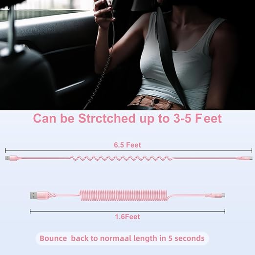 Coiled USB A to USB C Cable for Car [2-Pack, 6ft], USB Type C Cable Fast Charging, iPhone USB-C Charger Cable Compatible with iPhone 17/16/15/Plus/Pro/Pro Max/Samsung Galaxy A10e A20 A50 S20 S10E-Pink