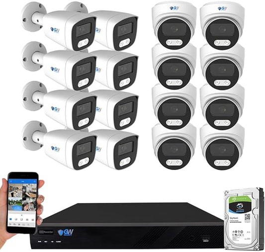 GW Security 16 Channel 12MP 4K NVR with 16 x 5MP AI PoE Microphone Weatherproof Security Camera System for Home and Business, Smart Human Detection, 24/7 Day & Night Recording with 4TB Hard Drive