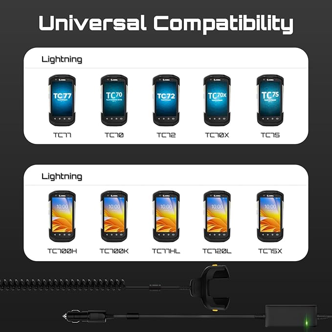 Fast Charging Car Charger Cable for Zebra Symbol TC77 TC70 TC72 TC75 TC70X TC75X TC700H TC700K TC77HL TC720L Barcode Scanners - Fully Charges in Just Over 4 Hours - CHG-TC7X-CLA1-01