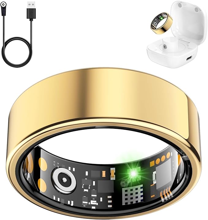 Smart Health Ring for Women Men, Fitness Tracker Ring with Heart Rate, Blood Oxygen, Sleep Tracker, Step Tracker, No Subscription Fee, IP68 Waterproof Smart Ring for iPhone & Android (Gold, 13#)