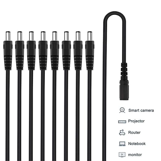 DC Power Cable Security Camera Splitter CCTV Security Power Splitter 2 Pack (1 Female to 8 Male, 5.5X 2.1mm)