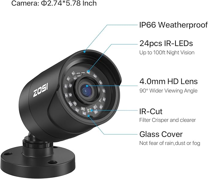 ZOSI H.265+ 1080p 16 Channel Home Security Camera Outdoor Indoor, 16CH CCTV DVR with AI Human Vehicle Detection and 16 x 1080p Surveillance Bullet Camera, 100ft Night Vision, 90° View Angle, 2TB HDD