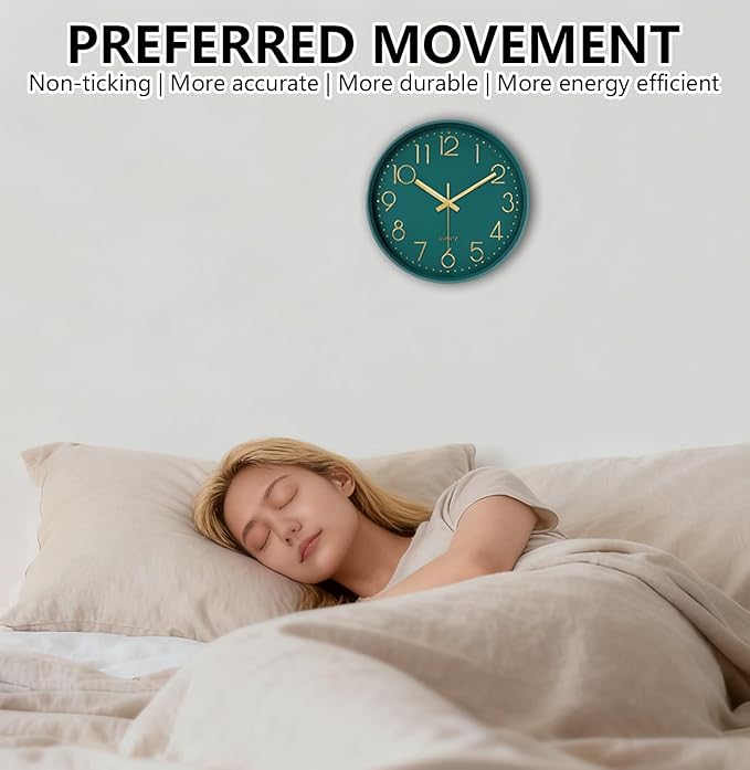 Modern Silent Wall Clock, 12 Inch Wall Clocks Battery Operated Large Number, Non-Ticking Analog Clock with Tempered Glass Quartz Clocks for Living Room Bedroom Office Kitchen, Dark Green