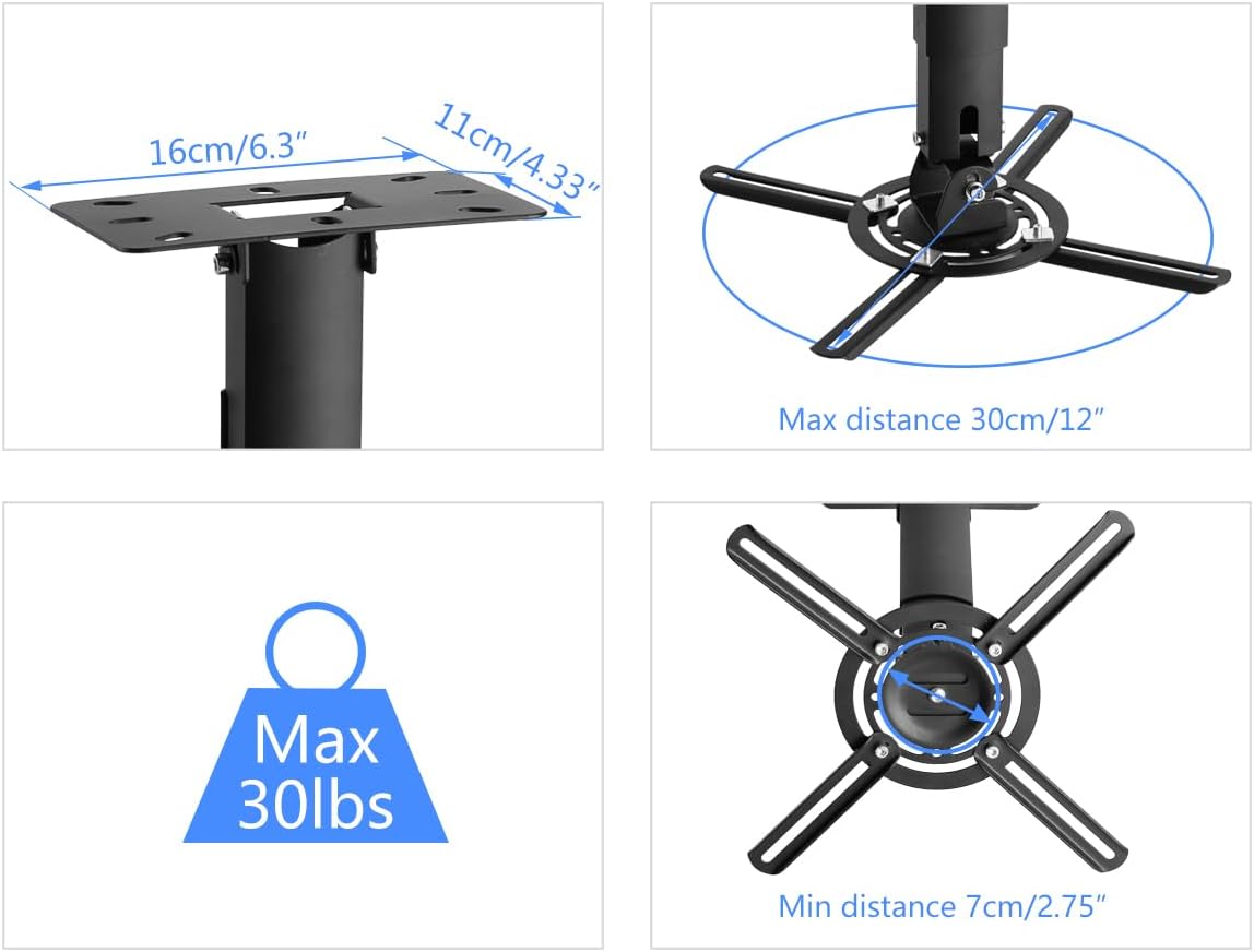 suptek Black Projector Ceiling Mount Bracket Fits Flat or Sloped Ceiling Height Adjustable with Extendable Length for LCD/DLP Projector Mount (PR05B)
