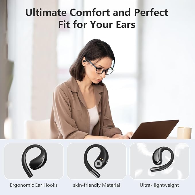 Open Ear Clip Wireless Earbuds Bone Conduction Headphones, Bluetooth 5.4, Open Ear Design for Running Fitness,Office，Built-in Mic, IPX7 Waterproof, LED Display Charging Case,Ear Hooks Ear Buds