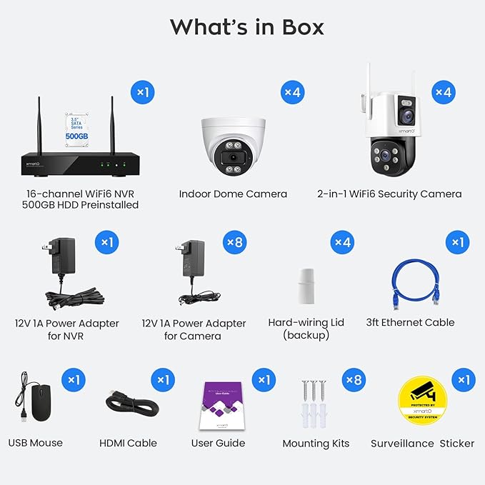 xmartO 16CH 8 Pcs Home Security Camera Kit, 4 * Dual-Image Wide FOV Security Camera and 4 * 2K HD Dome Camera, 2-Way Audio, Night Vision, 24/7 Surveillance Camera, No Monthly Fee(Include 500GB HDD