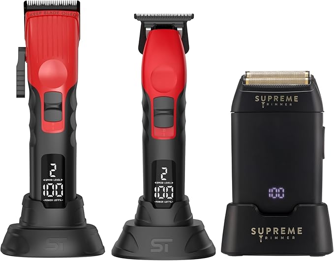 Supreme Trimmer 3-in-1 Barber Bundle | 2Spee Clipper, 2Spee Trimmer & Crunch Foil Shaver | Professional Beard Trimmer Men’s Hair Clipper Kit | Red