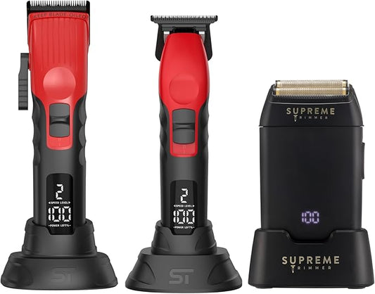 Supreme Trimmer 3-in-1 Barber Bundle | 2Spee Clipper, 2Spee Trimmer & Crunch Foil Shaver | Professional Beard Trimmer Men’s Hair Clipper Kit | Red