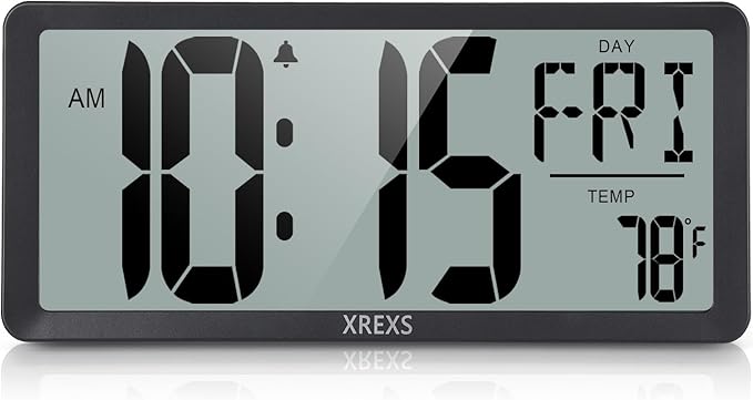 XREXS Large Digital Wall Clock, Battery Operated Alarm Clocks for Bedroom Home Decor, Count Up & Down Timer, 14.17 Inch Large LCD Screen with Time/Calendar/Temperature Display (Batteries Included)
