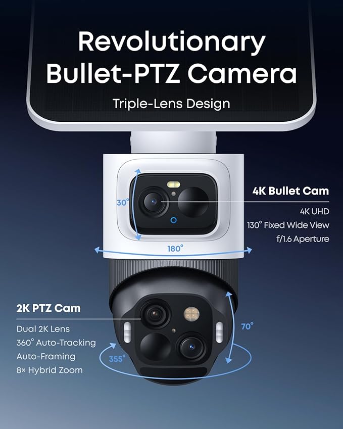 eufy Security eufyCam S4 2-Cam Kit, Solar Security Camera Wireless Outdoor, Triple Lens Bullet-PTZ Cam, 4K UHD, 360° Pan and Tilt, Auto Track, 8× Hybrid Zoom, Color Night Vision, Expandable Storage