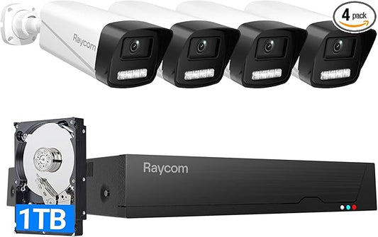 Rraycom Home Security Camera System,4pcs H.265 3MP Wired PoE IP Cameras Outdoor with Spotlight&Motion Detection,Two-Way Audio,Waterproof,4K NVR with 1TB HDD for 24-7 Recording,No Monthly Fee