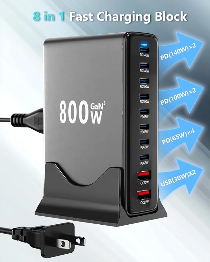 800watt Power Hub USB-C GaN Charger 10 in 1 Charging Block Dual 140W PD+Dual 100W PD PPS +4 * 65W PD Port for Multiple Electronics Devices,Laptop Wall Charger Compatible with MacBook/iPhone 16/iPad