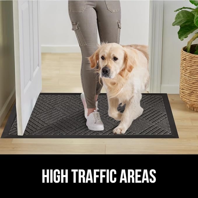 GORILLA GRIP 100% Waterproof All-Season WeatherMax Doormat, 34x58, US Designed Natural Rubber, Stain and Fade Resistant, Low Profile Indoor Outdoor Door Mats, Easy Clean Patio Mat, Gray Diamond