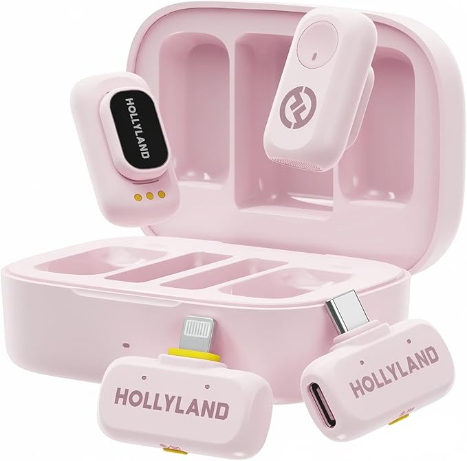 Hollyland Lark A1 Wireless Mini Microphone for iPhone & Android, 48kHz/24-bit, 3-Level Intelligent Noise Cancel, Microphone for YouTube, Podcast, Vlogging (Pink, 2TX + 2RX + Charging Case)