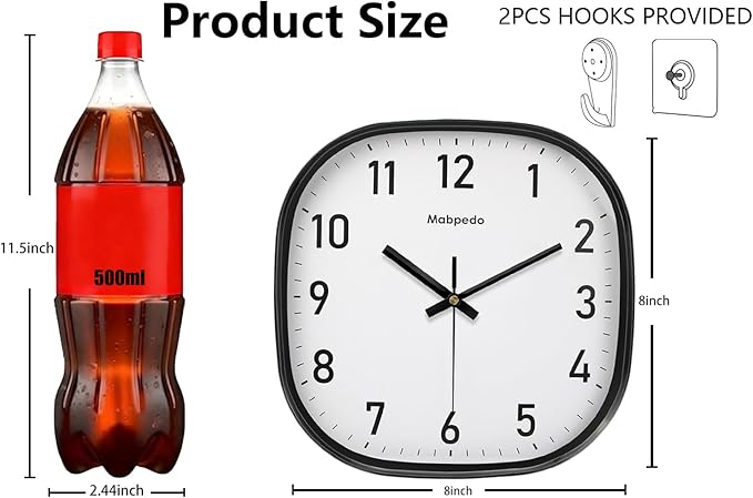 Small Wall Clock, 8 Inch Silent Non Ticking Battery Operated Clock, Square Analog Decorative Wall Clocks for Bedroom Living Room Office Home Gym Porch Decor Indoor Outdoor Clocks, Black