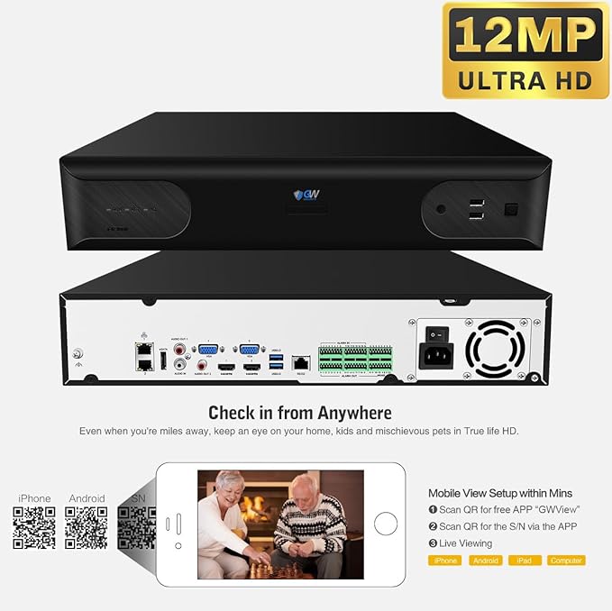 GW Security 64 Channel 12MP NVR UltraHD 4K Human & Cars Detection PoE Security Camera System with 64 x 8MP Waterproof Microphone 130° Wide Angle Outdoor Indoor Dome Cameras (Black)