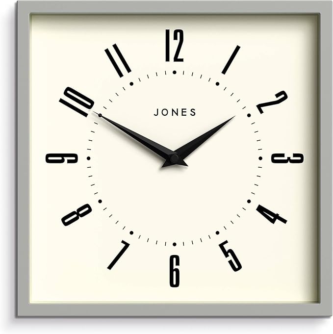 JONES CLOCKS® Box Wall Clock | Retro Square | 10 inch | Gray | Easy to Read Numbers | Perfect Kitchen or Office Clock