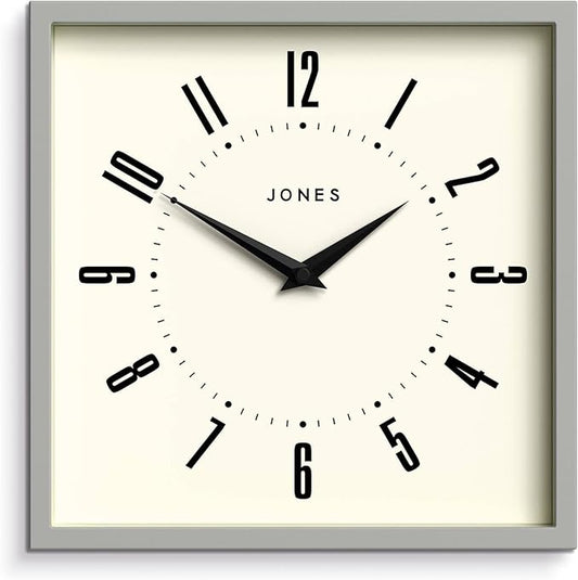 JONES CLOCKS® Box Wall Clock | Retro Square | 10 inch | Gray | Easy to Read Numbers | Perfect Kitchen or Office Clock