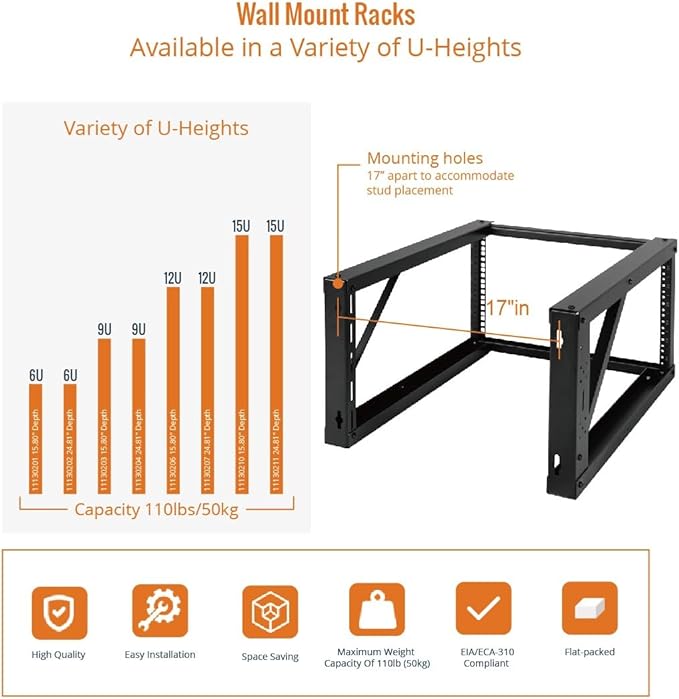 Tecmojo 6U Wall Mount Rack, Wall Mount Network Rack 24.8in Depth, Open Frame Server Rack for 19in IT/AV/Data/Home Equipment, Black