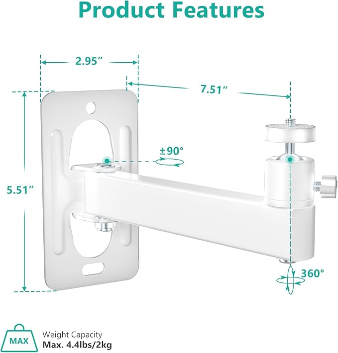 WALI Mini Porjector Wall Mount, Wall Projector Mount for 1/4" M4 M6 Screws, Fully Adjustable Projector Hanging Bracket Ceiling Mount Holder Holds up 4.4lbs, White (1330LM-PMWS)