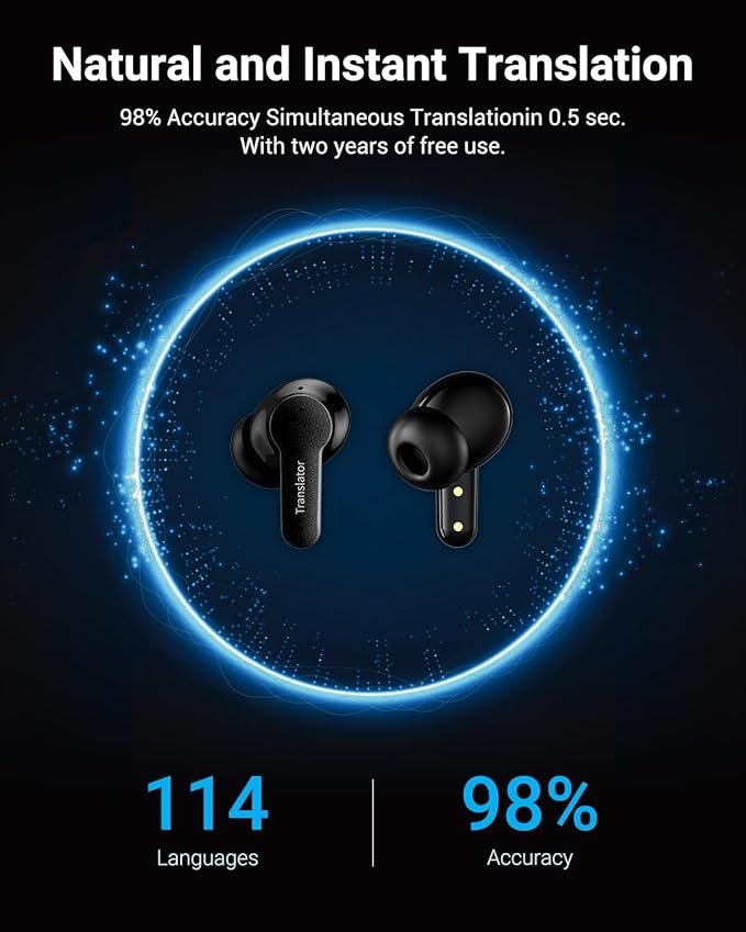 Ai Translation Earbuds Real Time, 144 Languages Translator Earbuds with 5 Translation Modes, Audifonos Traductores Inglés Español for Travel/Business/Learning, Translator Earbuds - Black