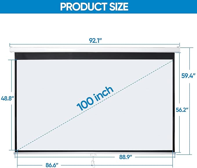 Projector Screen 100 Inch 16:9 HD Portable Manual Pull Down Projector Screen, Wall Ceiling Mounted Retractable Widescreen for Home Theater Cinema Office Movie TV Game, White
