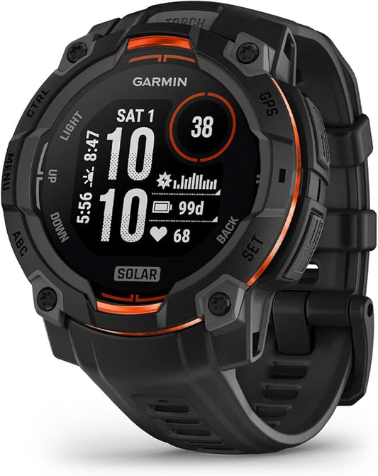 Garmin Instinct® 3 45mm, Solar Charged Display, Rugged Outdoor GPS Smartwatch, Metal-Reinforced Bezel, Built-in Flashlight, Black