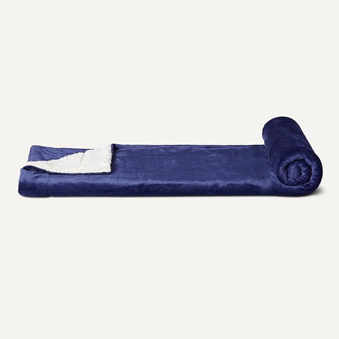 Amazon Basics Reversible Sherpa Throw Blanket, Navy, 50"x60"