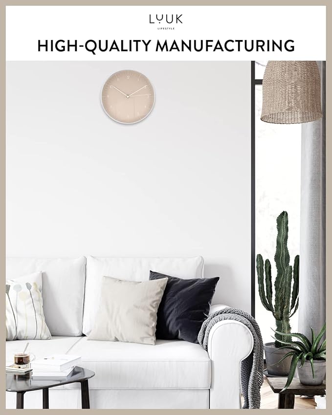LUUK LIFESTYLE Modern Quartz Wall Clock with Silent Movement, Second Hand and Arabic Numerals, Deco for Kitchen, Bedroom, Office, Cream I Beige