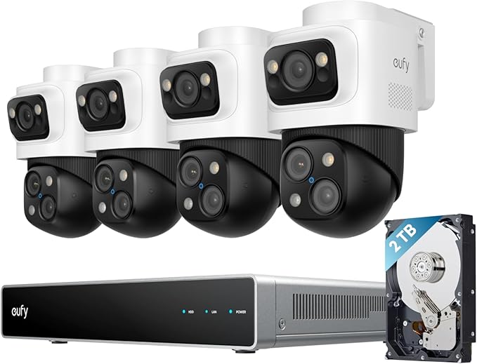 eufy 4K NVR Security Camera System S4 Max, Power Over Ethernet, Wired, 24/7 Recording, Triple Lens Bullet-PTZ Cam, 360° PTZ, Up to 16CH, Cross-Cam Tracking, 8× Auto Zoom, Smart Video Search, 2TB HDD