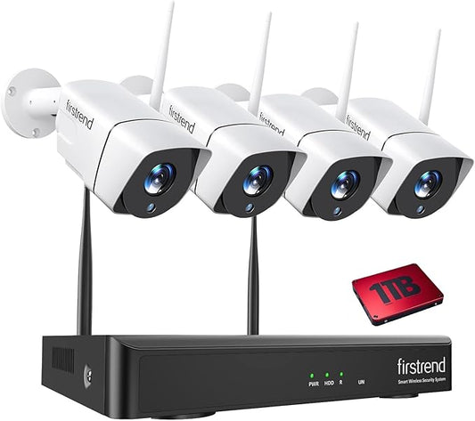 Wireless Security Camera System, 1080P firstrend 8CH with 4 pcs 2MP Cameras Full HD 1TB HDD 24/7 Recording Surveillance Night Vision Motion Alert APP CCTV Surveillance H.265 with AI Human Detection